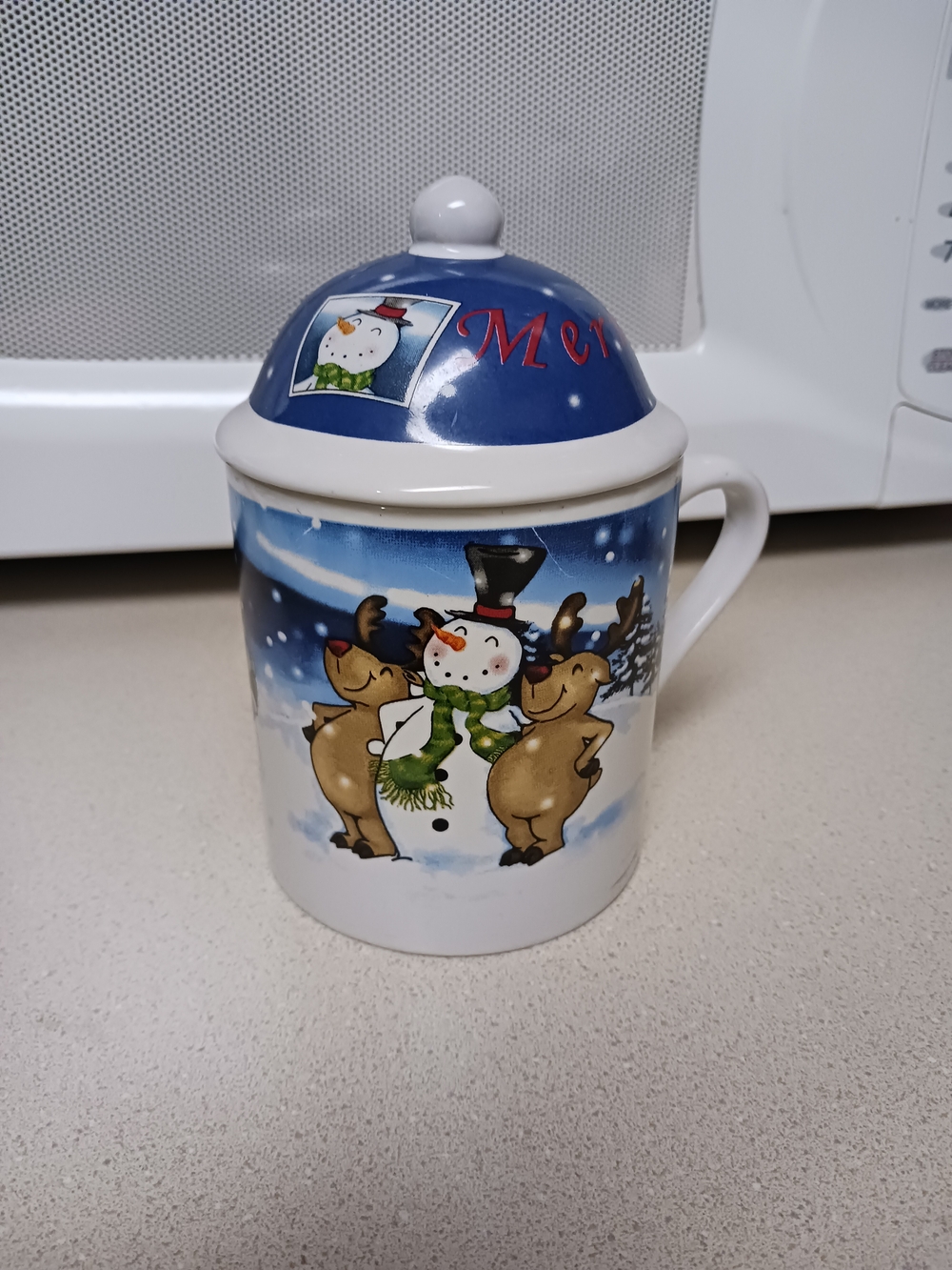 Holiday Snowman & Reindeer Ceramic Lidded Mug - Blue